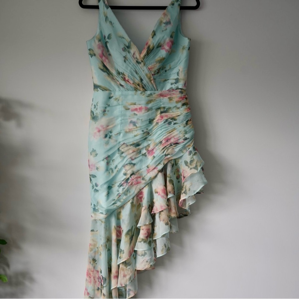 Mac Duggal Chiffon Dress - Light Blue and Pink Floral